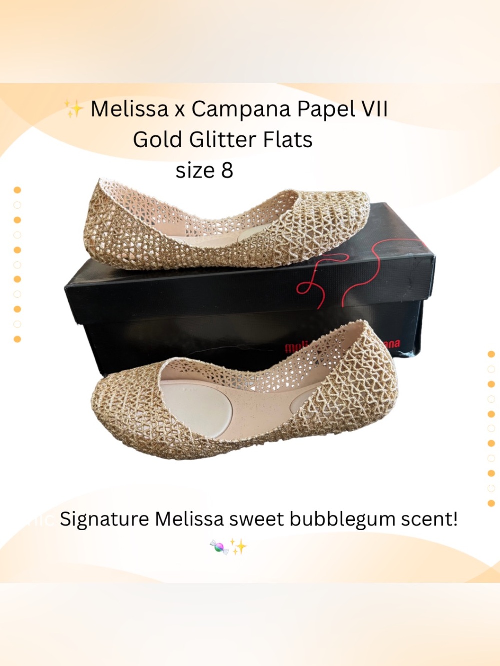 Melissa Campana Gold Glitter Jelly Flats - Size 8 Scented!
With Box &Dust Bag
